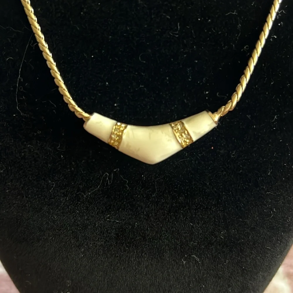 Vintage Gold Rope Chain Necklace with Ivory Enamel & Rhinestone Accents
